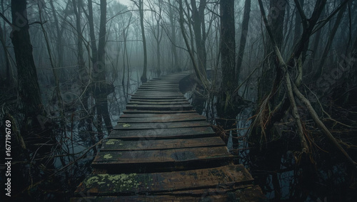 An old wooden path winds through a foggy swamp