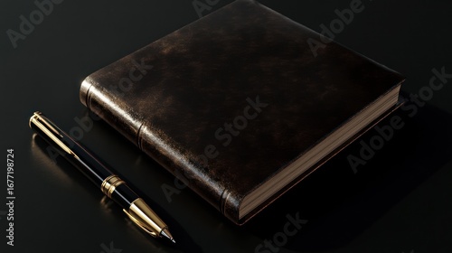 Dark leather journal and pen on black background