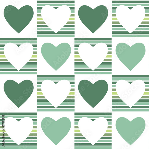 Seamless Heart Pattern in Green Tones with Striped Background – Romantic Minimal Design Transparent