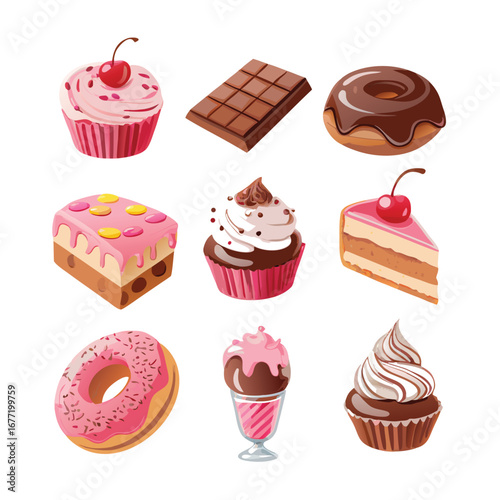 Assorted Sweet Treats With Cherry Topping And Chocolate Bar cupcake donut