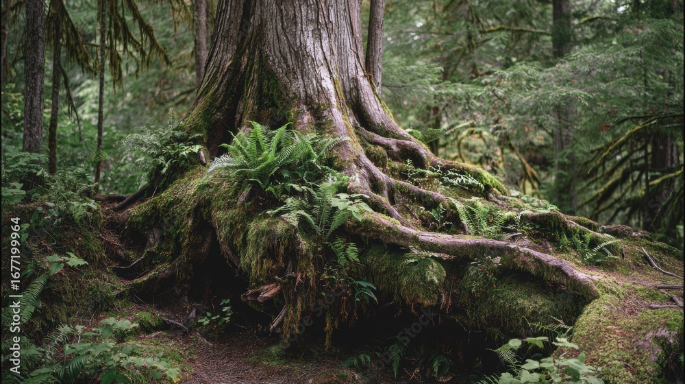 Naklejka premium A majestic tree with intricate roots and lush greenery surrounding it, showcasing nature's beauty and resilience.