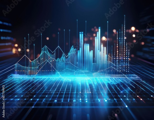 Digital visualization of data analysis featuring futuristic growth graphs. Generated with AI