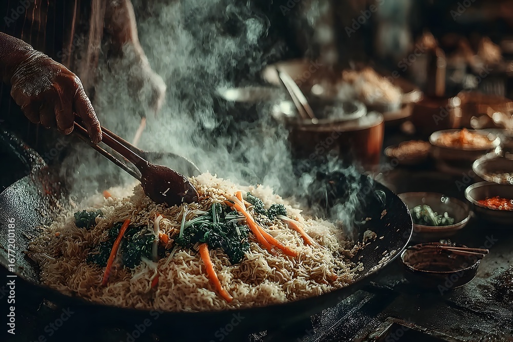 Fototapeta premium Delicious homemade fried rice with chili peppers high resolution picture