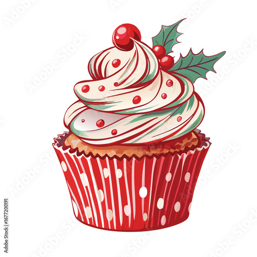 Festive cupcake with cream frosting red berries and holly leaves dessert sweet
