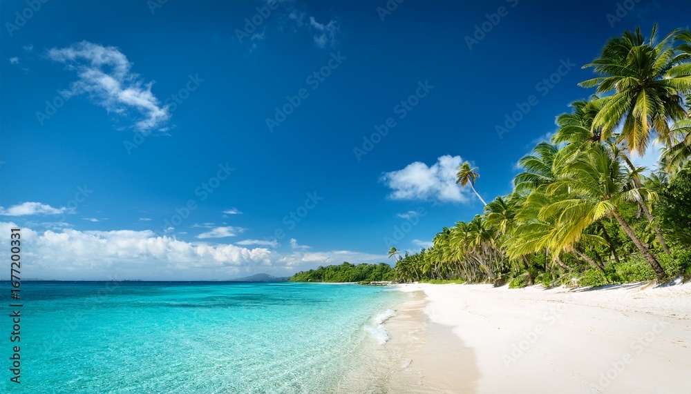 Naklejka premium a tropical beach with clear blue water white sand and tall palm trees under a sunny sky
