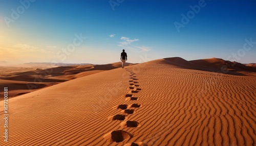 walking alone in the desert with footsteps high quality photo