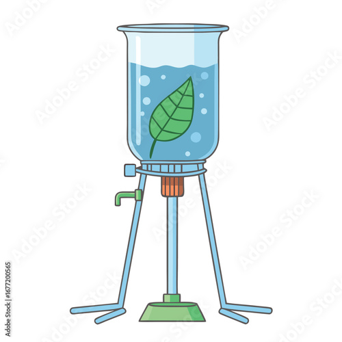 Green leaf floating in blue liquid within a laboratory beaker on a stand vector