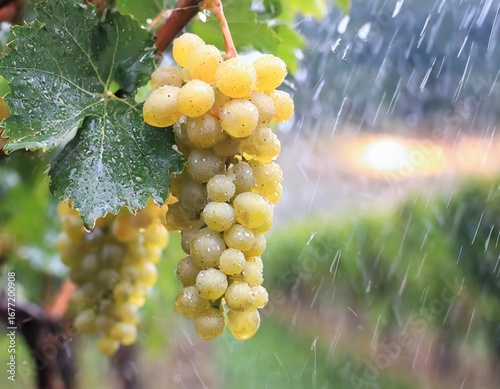 Ripe grapes in vineyard on summer rain. Generated with AI