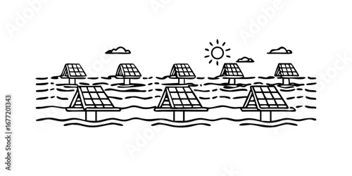 Vector art of floating solar panel farm, renewable energy source