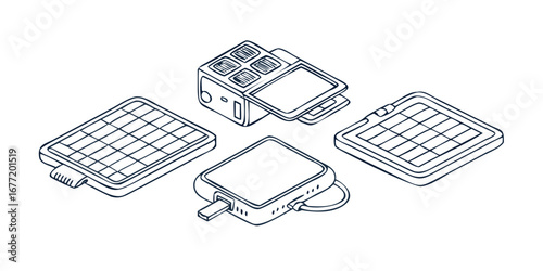 Vector art of isometric view of portable solar panels and battery chargers