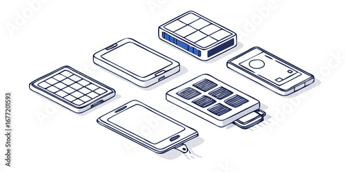 Vector art of isometric view of solar panels and phones