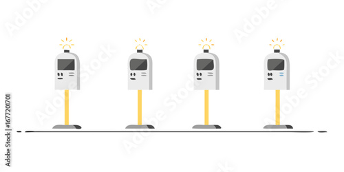 Vector art of row of smart parking meters with light bulb