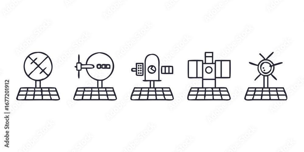 Vector art of solar panel array with satellite and other objects