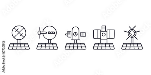 Vector art of solar panel array with satellite and other objects