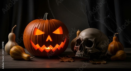 A halloween display with a jack o lantern skull and gourds on a dark wooden surface setting the scene