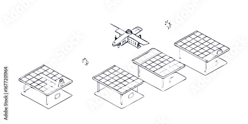 Vector art of solar panel installation with a plane