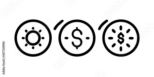 Vector art of solar panel investment concept showing sun, coin and dollar