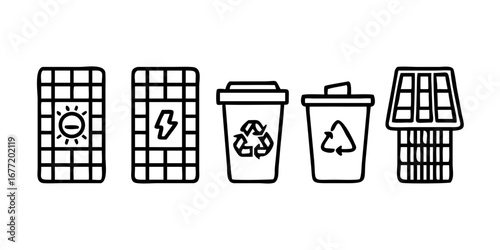 Vector art of solar panels and recycle bins set, line art illustration isolated on white