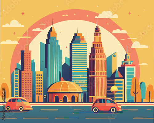 Vibrant cartoon cityscape illustration with towering skyscrapers, bustling city streets, and a warm, stylized sunset background