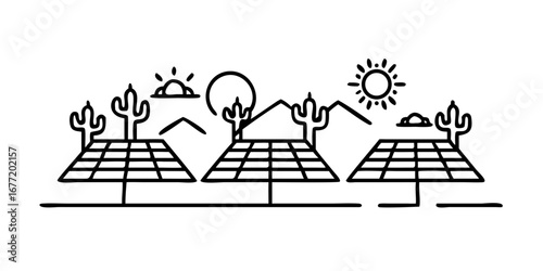 Vector art of solar panels in desert landscape line art