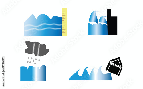 Visual representation of the impact of flooding and rising water levels on white background