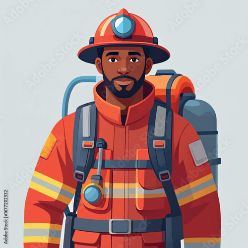 Portrait of a brave African-American firefighter in full uniform, ready for duty.