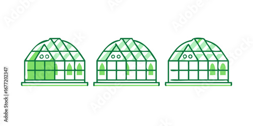 Vector art of three green greenhouses in a row, vector illustration