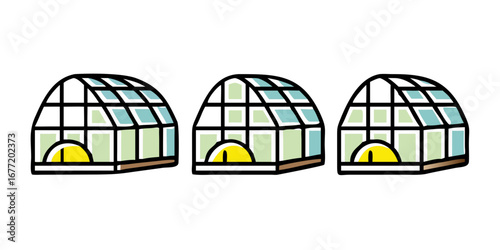 Vector art of three greenhouses in a row, vector illustration