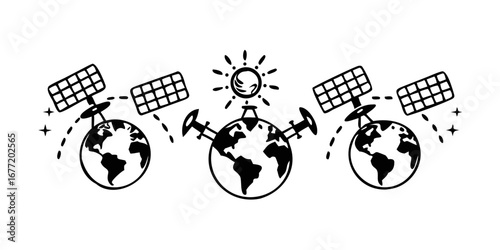 Vector art of three satellites orbiting the earth with solar panels