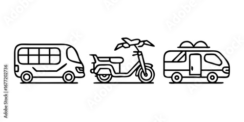 Vector art of various types of vehicles including bus scooter and van