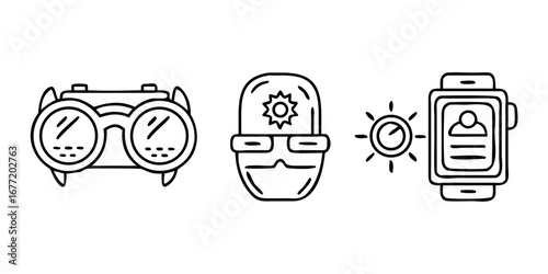 Vector art of wearable technology including goggles, visor, and smart watch