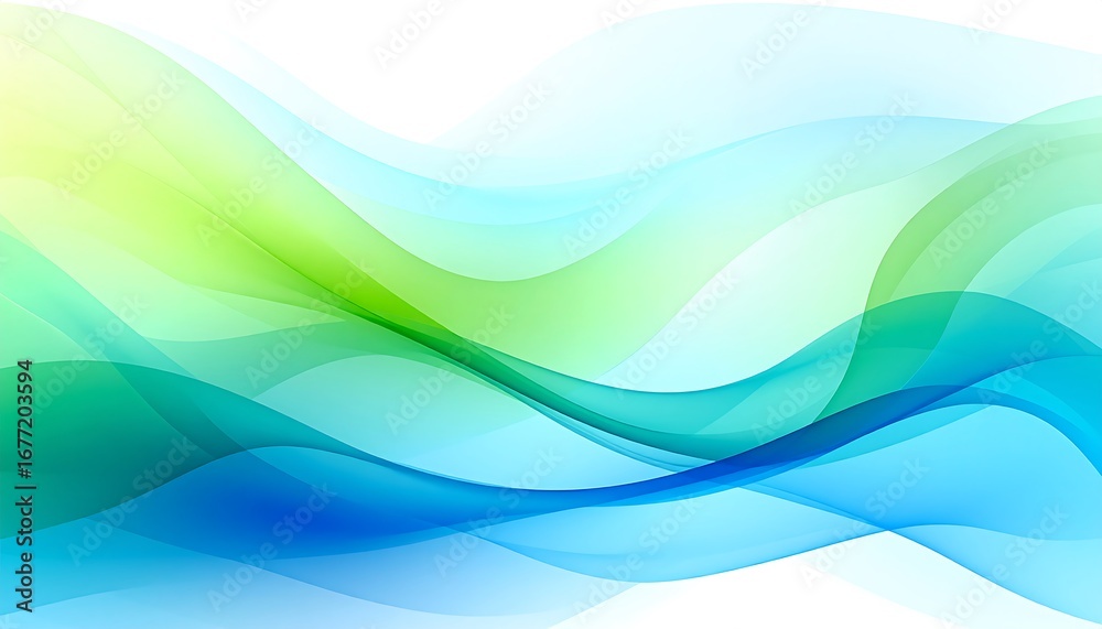 Fototapeta premium A vibrant abstract design features flowing, translucent waves of light teal, light blue, and lime green hues, creating a serene and calming visual effect against a white background.