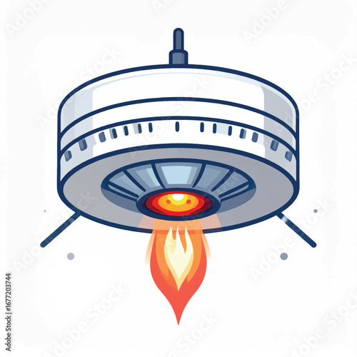 Cartoon illustration of a futuristic flying saucer taking off.