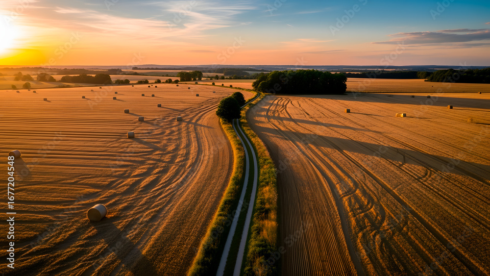 Naklejka premium Golden fields stretch beneath a sunset, bisected by a winding path and dotted with hay bales.