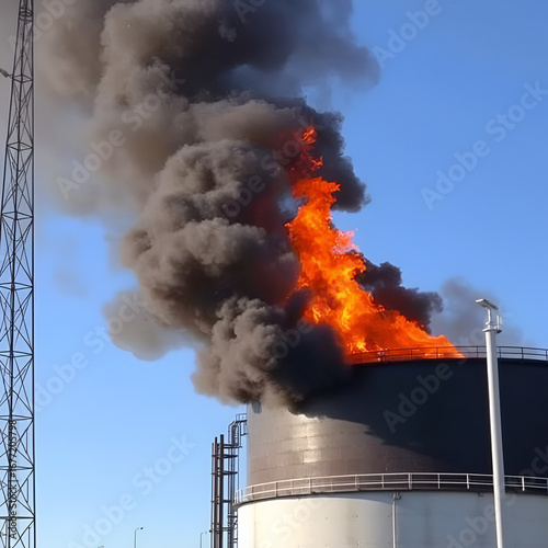 Oil storage fire. The tank farm is burning, black smoke is combu