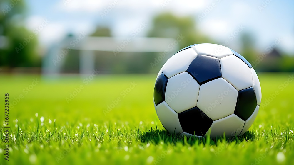 Fototapeta premium Football Soccer Ball on Grass. Classic Black and White Ball. Sports Equipment for Game