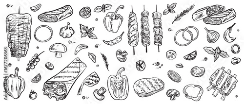 Barbeque grill food collection. Vector sketch illustrations on white background. Shawarma, doner kebab, pita, meat on skewer, steak, roasted ribs, vegetables set