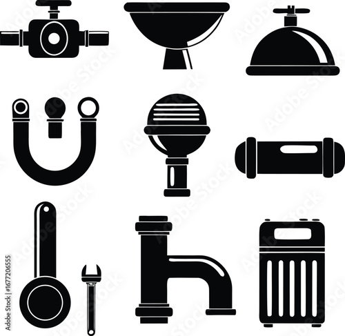 Set of plumbing and industrial equipment icons. Vector silhouette collection of pipes, valves, and tools.