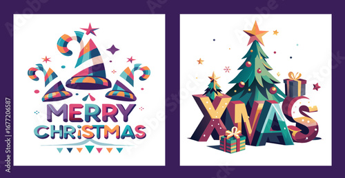 Set of square Christmas cards with festive designs and colorful typography, contemporary style vector illustration on white background