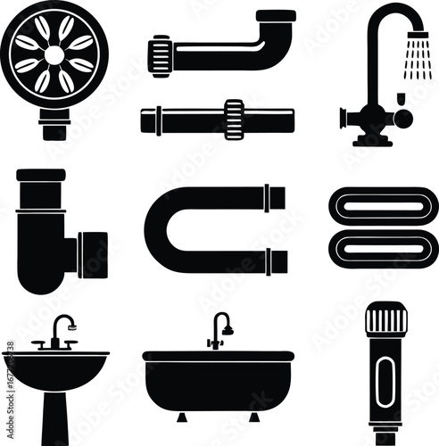 Plumbing and bathroom fixture silhouettes including pipes, faucet, sink, bathtub, and shower