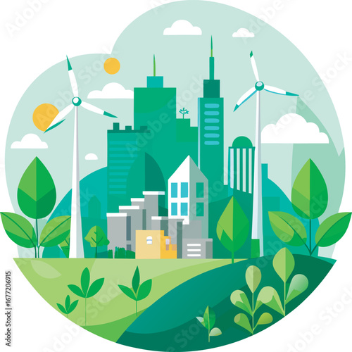 Green City with Wind Turbines