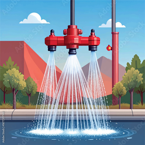 Red sprinkler system sprays water into a pool, creating a refreshing mist against a desert landscape backdrop.