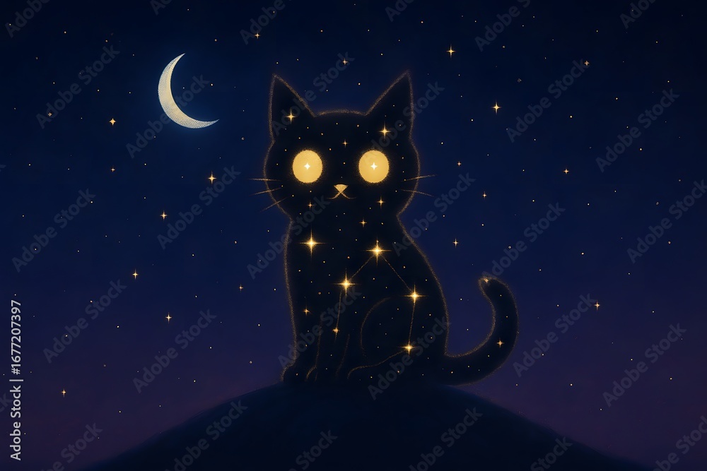 Fototapeta premium Magical black cat silhouette made of glowing stars under crescent moon in dreamy night sky, celestial constellation animal illustration with fantasy atmosphere
