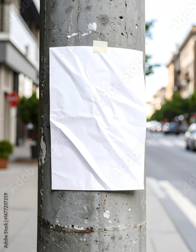Realistic Flyer Mockup Taped on Gray Concrete Pole, Wrinkled Paper Effect, Editable Poster Template