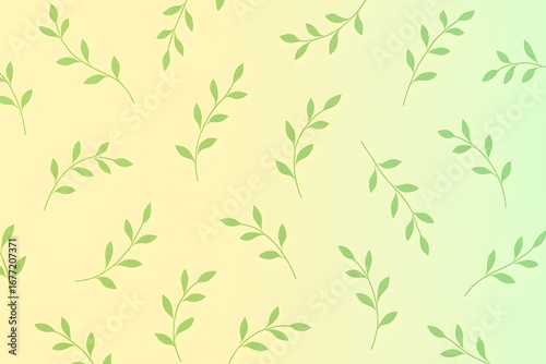 Soft pastel green and yellow background with delicate scattered leaf branches. Seamless botanical design ideal for eco branding, organic packaging, and spring themes.
