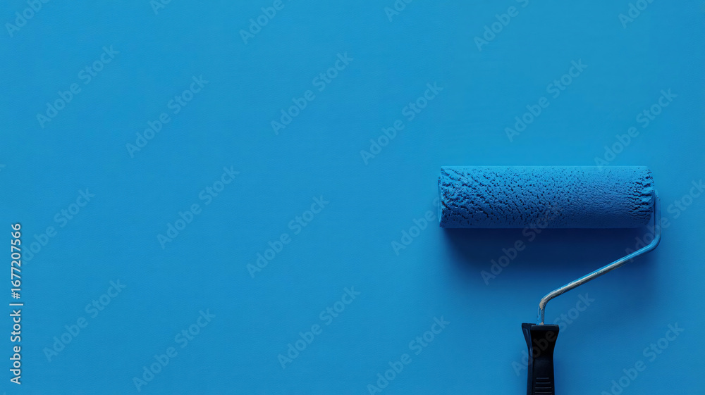 Obraz premium Paint roller with black handle coated in blue paint on smooth surface, home improvement flatlay