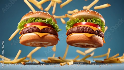 Delicious cheeseburgers surrounded by flying french fries: mouth-watering fast food in a vibrant atmosphere