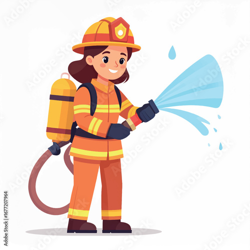 A cartoon firefighter woman in full gear holds a hose spraying water with a smiling expression.