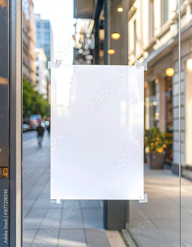 Realistic Flyer Mockup Taped on Shop Glass Window, Semi-Reflection Effect, Editable Poster Template