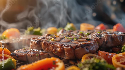 Grilled meats sizzling on the grill surrounded by bright citrus and herbs at a summer gathering